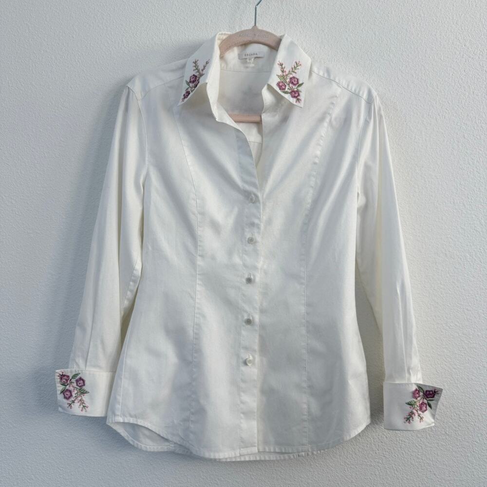 Escada White Blouse with Pink Floral Embroidery